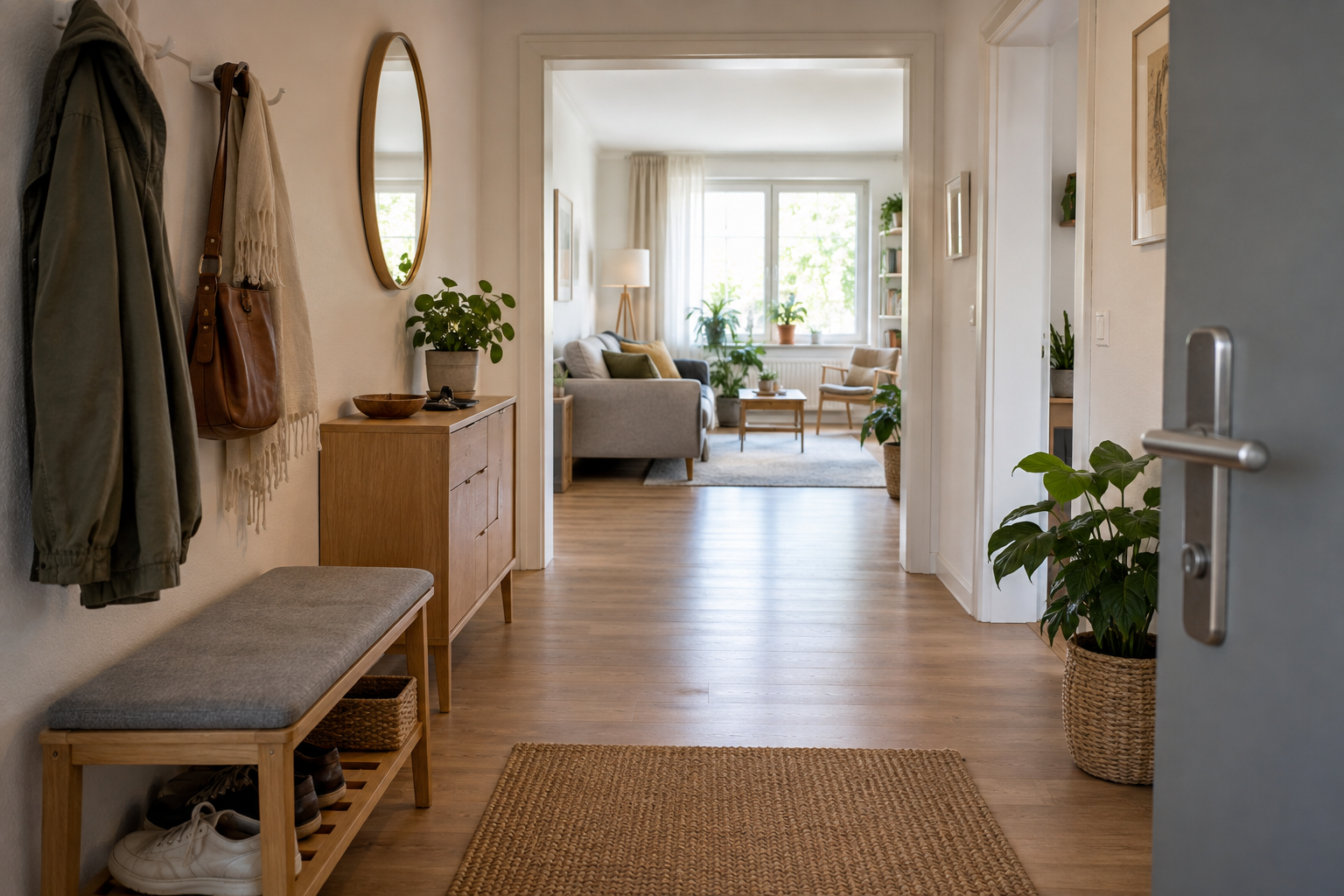 Heller Wohnbereich einer kleineren Wohnung mit bequemem Zugang
